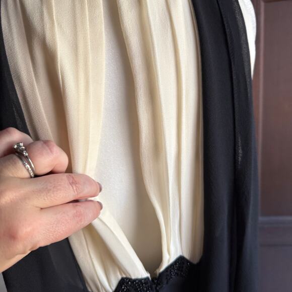 LUISA SPAGNOLI | Black & Cream Silk Surplice Bodice Beaded Cocktail Dress Size 6 - Picture 7 of 10